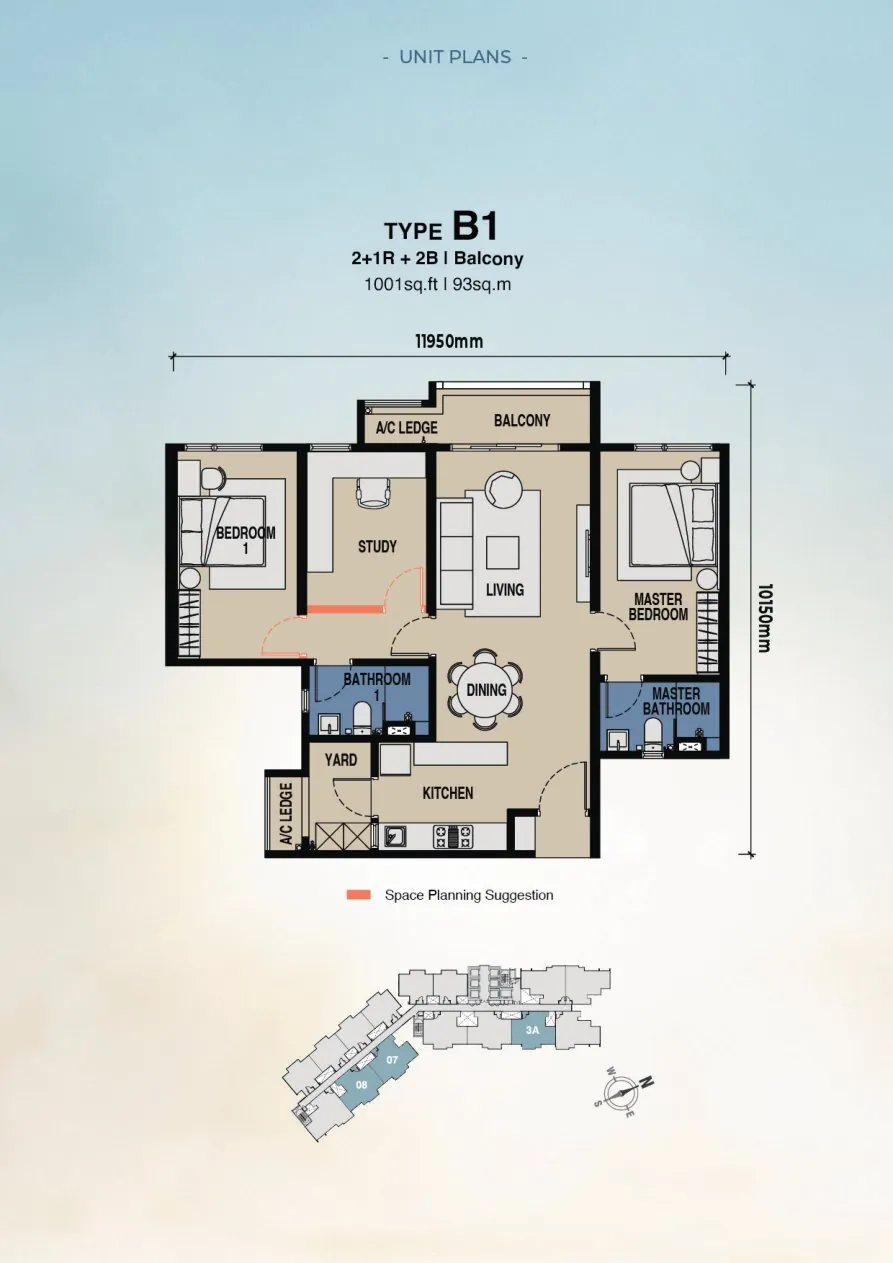 The Lighthauz Type B floor plan — 1,001 sq ft, 2 bedrooms plus study