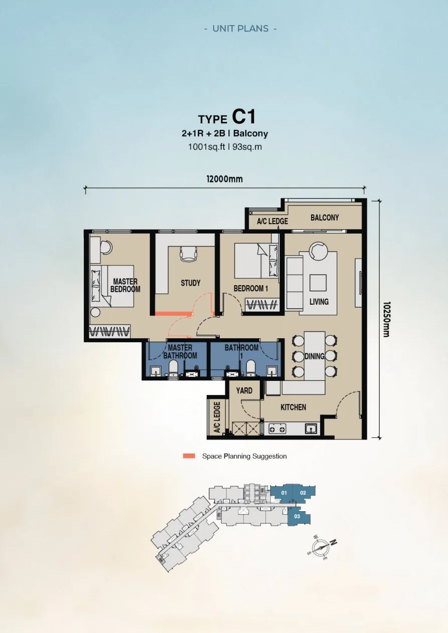 The Lighthauz Type C floor plan — 1,001 sq ft, 2 bedrooms plus study, alternate layout