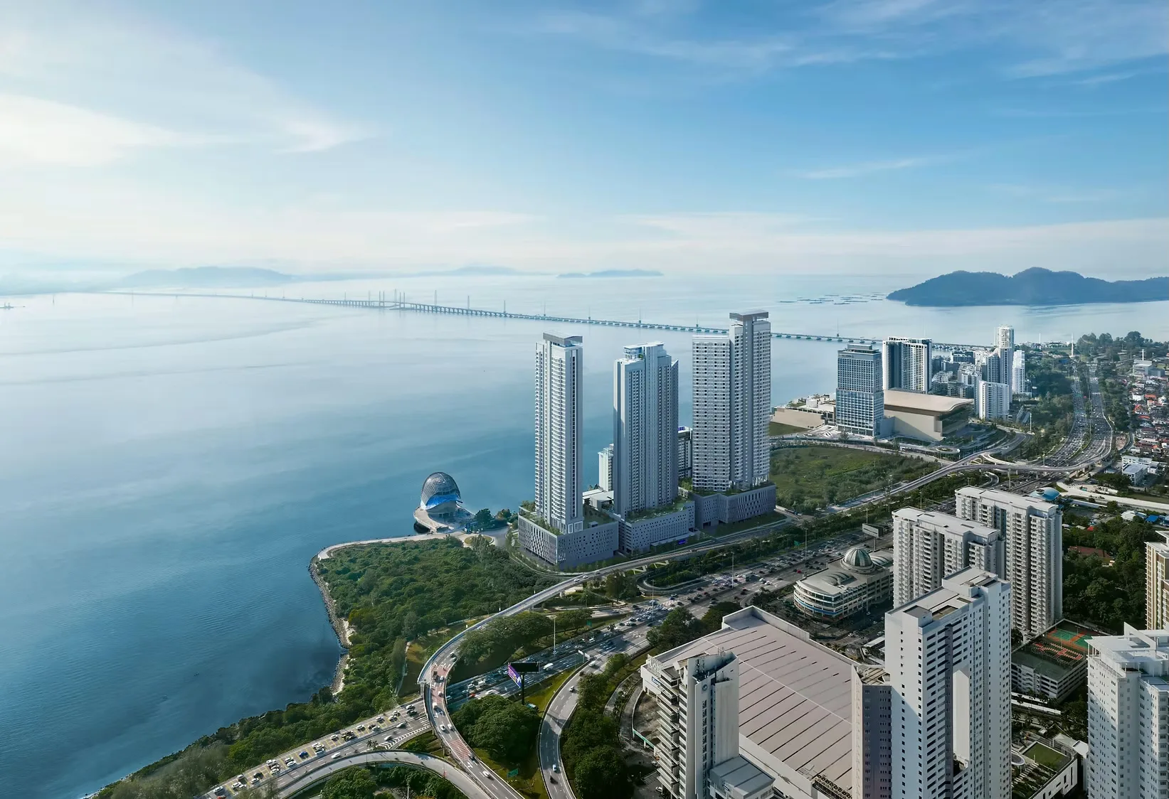 Aerial view of the Penang Waterfront City precinct with Penang Bridge
