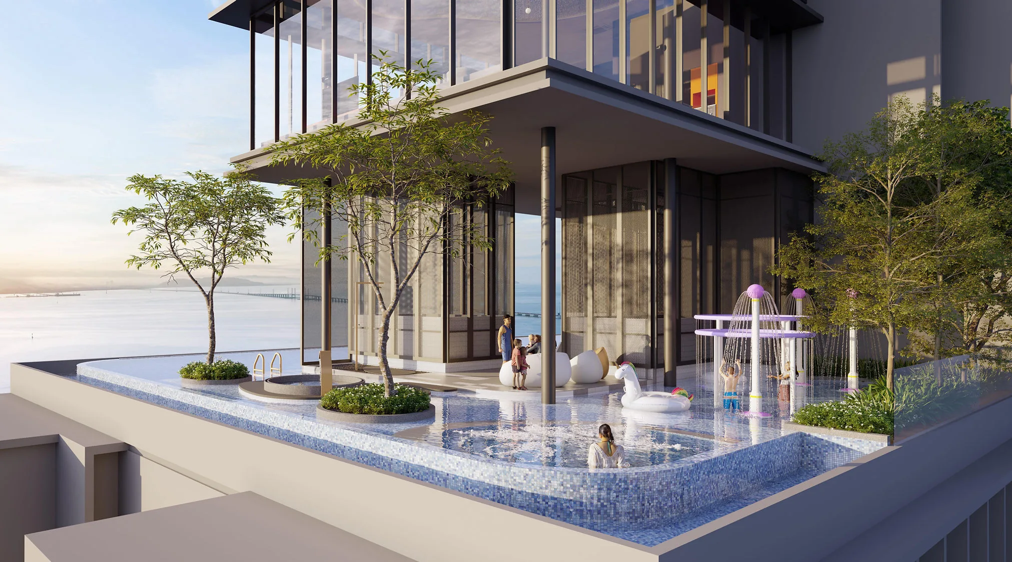 Aerial view of Lighthauz Phase 2 and the Penang Waterfront City towers beside Penang Bridge, artist's impression