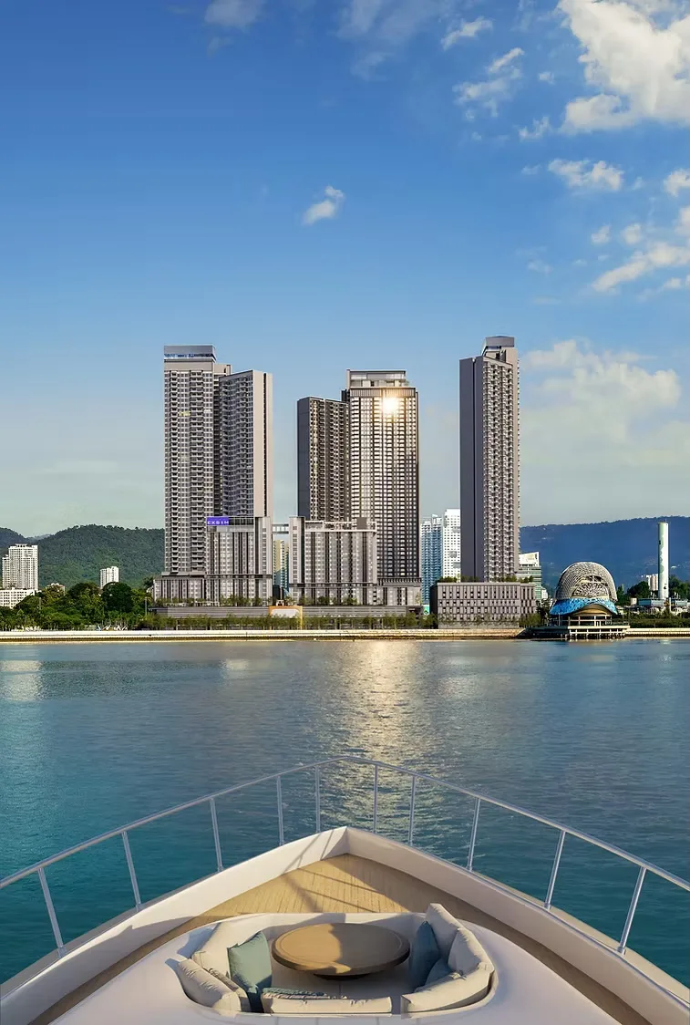 View of the Penang Waterfront City towers from the sea