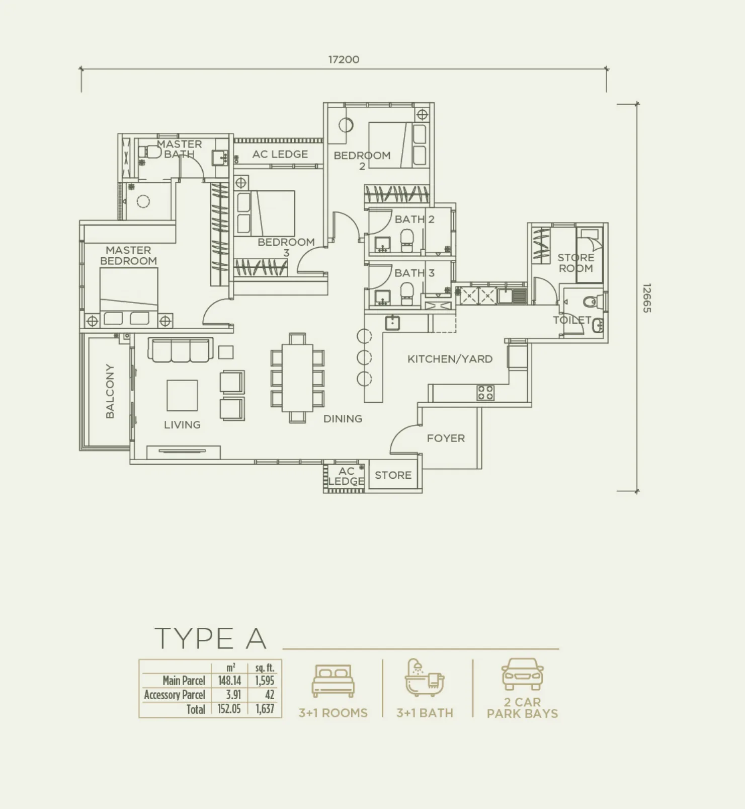 Linari Type A floor plan — 1,637 sq ft, 3+1 bedrooms