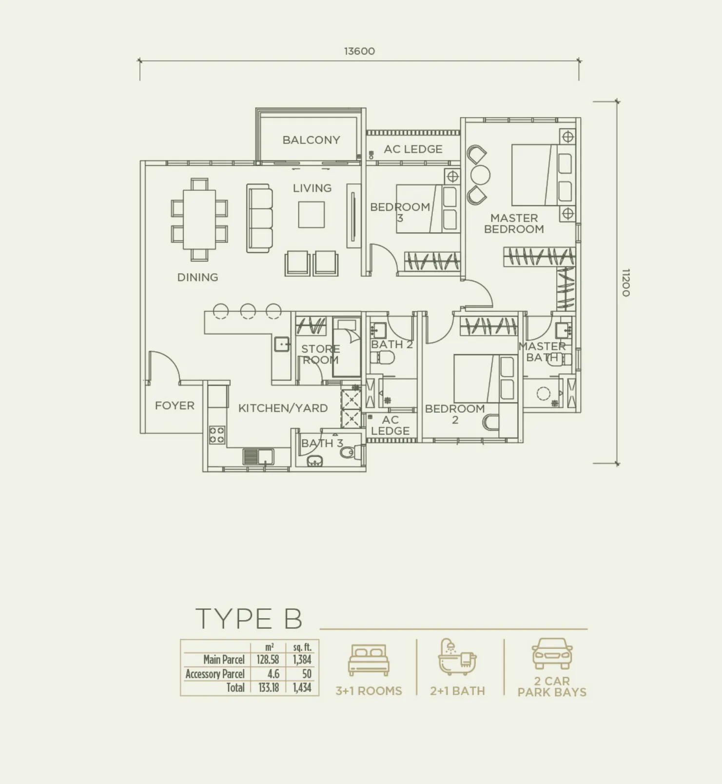 Linari Type B floor plan — 1,434 sq ft, 3+1 bedrooms