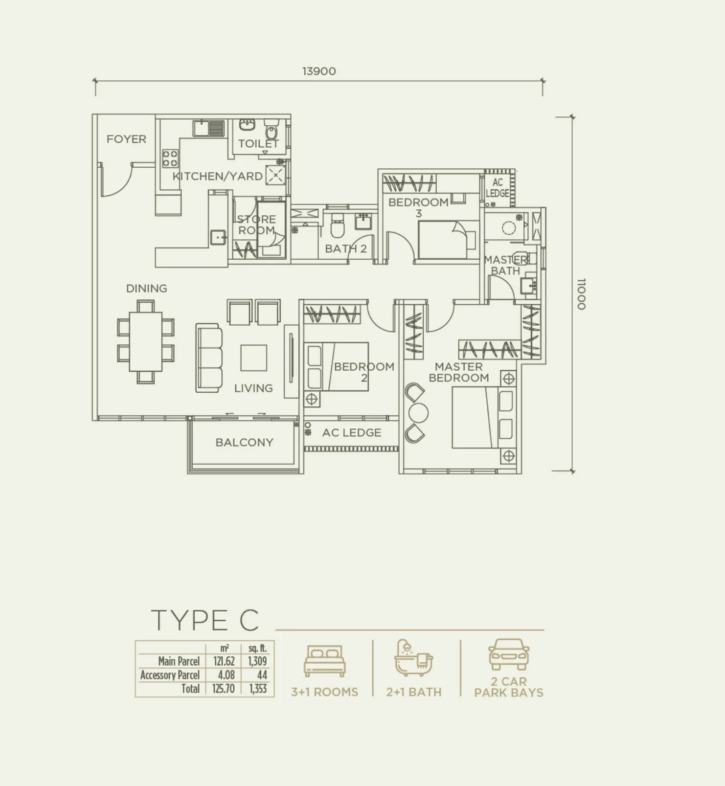 Linari Type C floor plan — 1,353 sq ft, 3+1 bedrooms