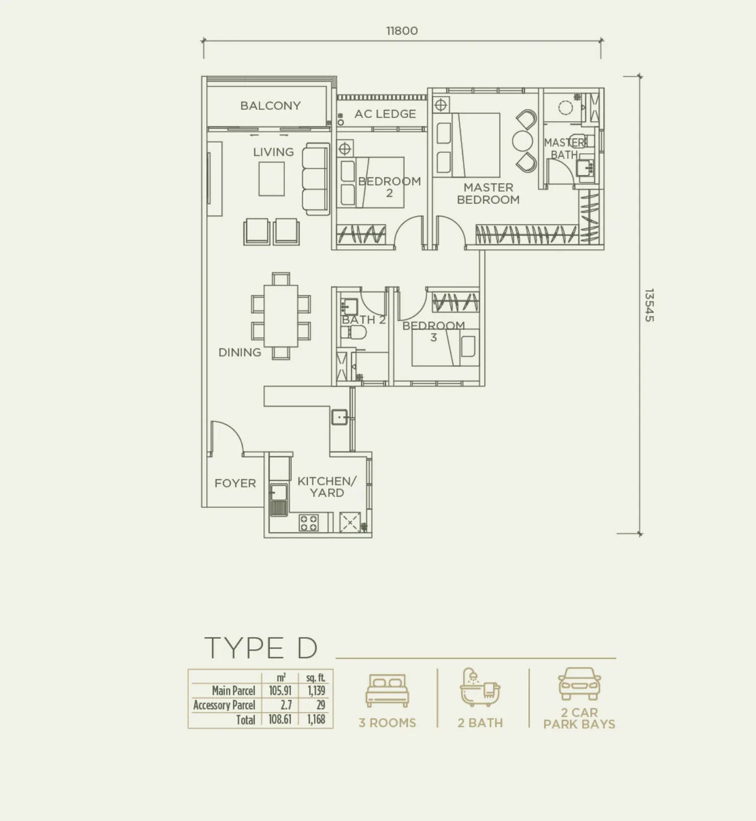 Linari Type D floor plan — 1,168 sq ft, 3 bedrooms