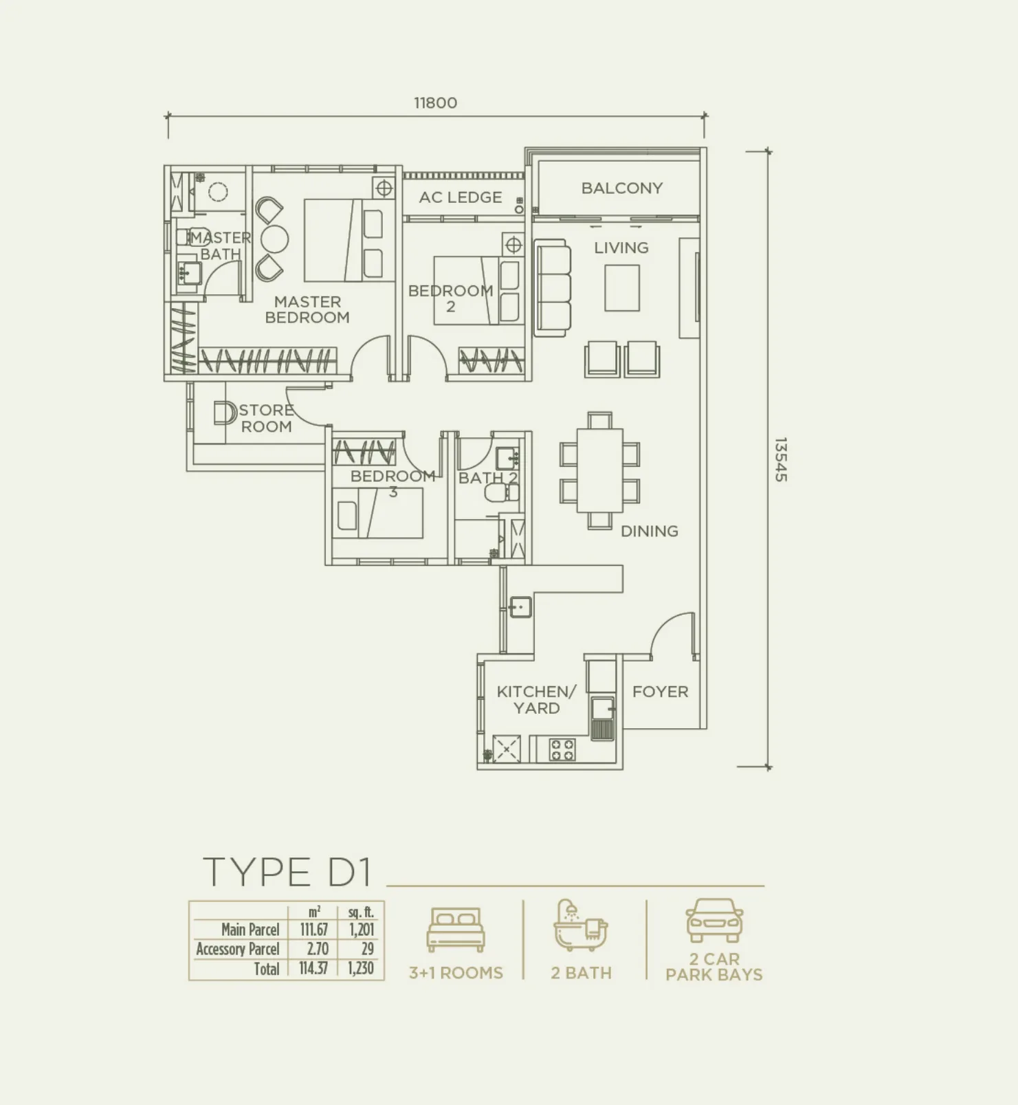 Linari Type D1 floor plan — 1,230 sq ft, 3+1 bedrooms