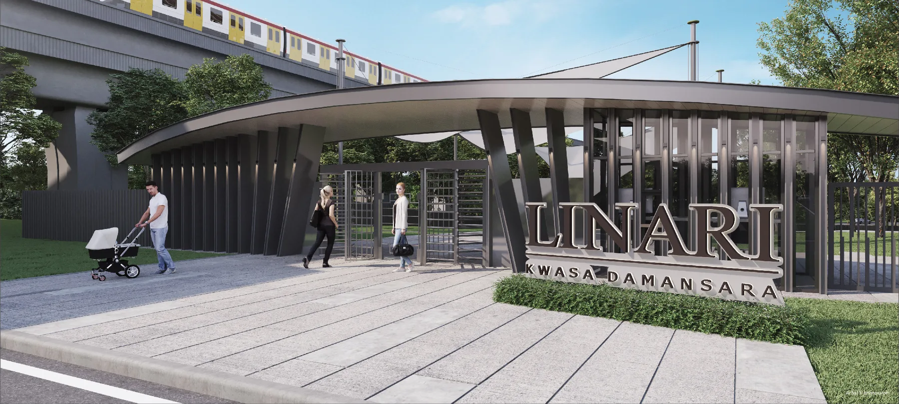 Linari entrance gate and signage beside the rail line, artist's impression