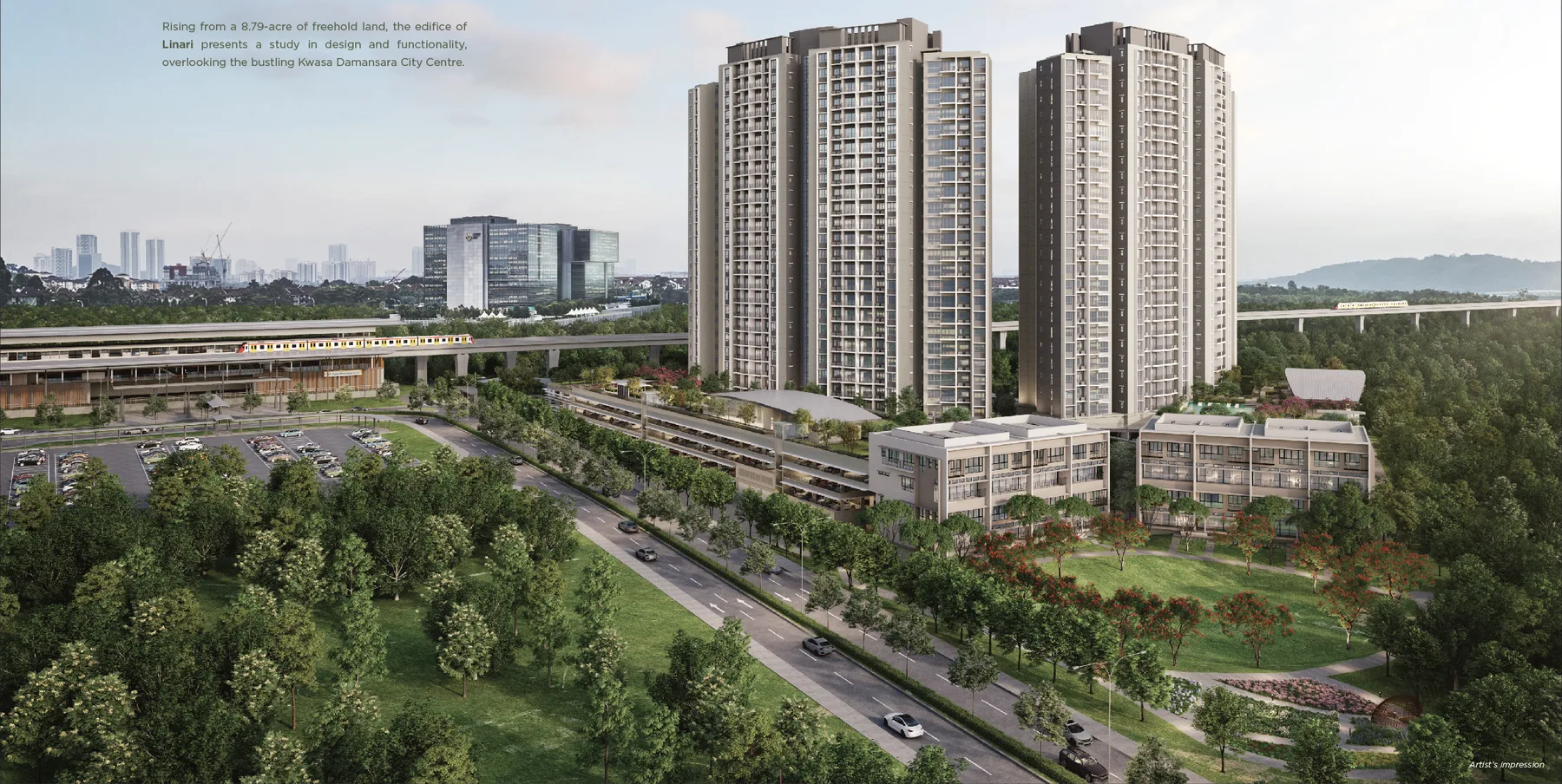 Linari twin condominium towers beside Kwasa Damansara MRT station, artist's impression