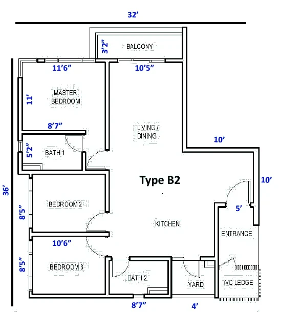 Livista Type B2 corner floor plan — 1,035 sq ft, 3 bedrooms