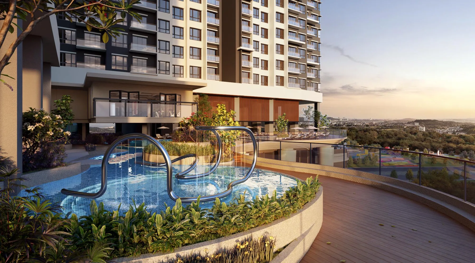 Livista sky-level infinity pool trellis with skyline view at sunset, artist's impression