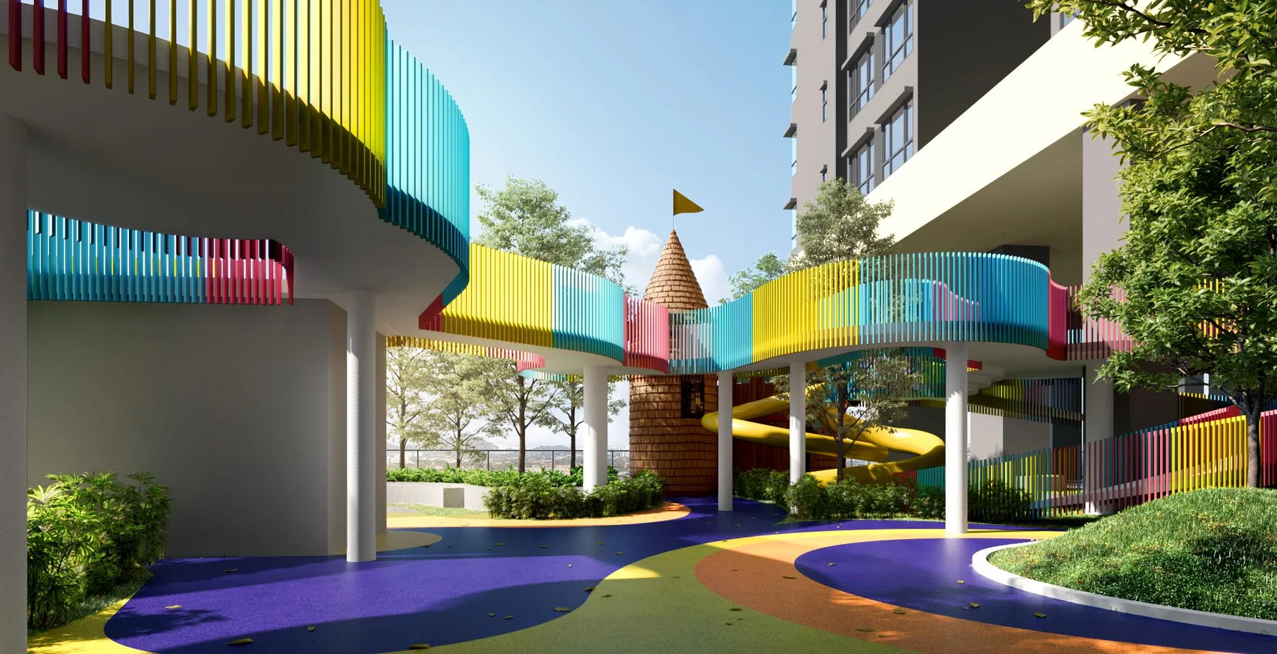 Livista children's playground with a castle tower and colourful slides, artist's impression