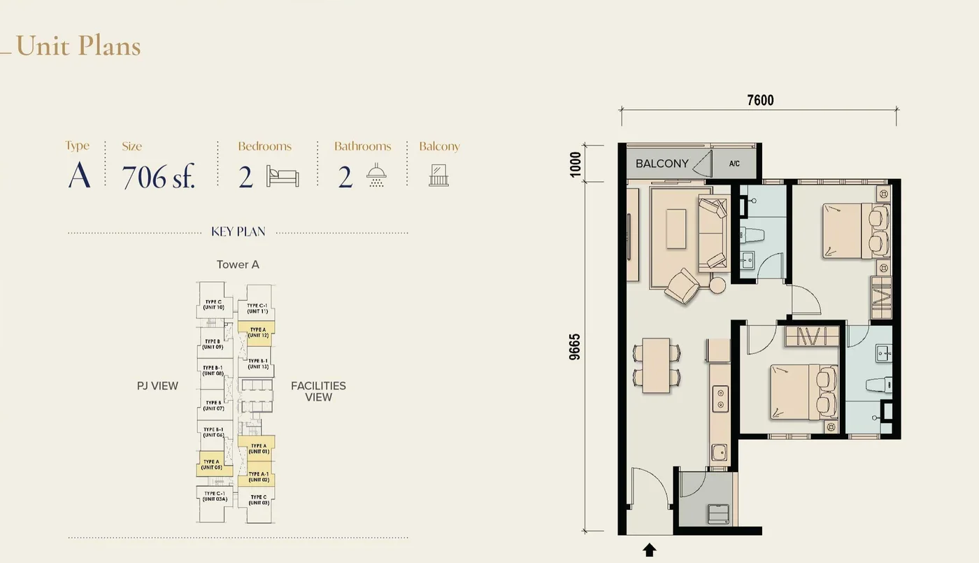 M Aspira Taman Desa Type A floor plan — 706 sq ft, 2 bedrooms