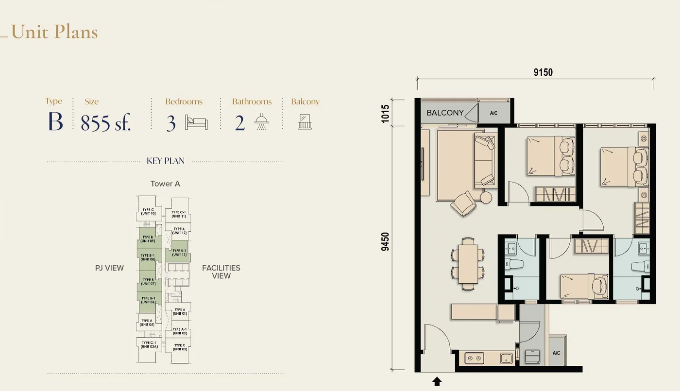 M Aspira Taman Desa Type B floor plan — 855 sq ft, 3 bedrooms