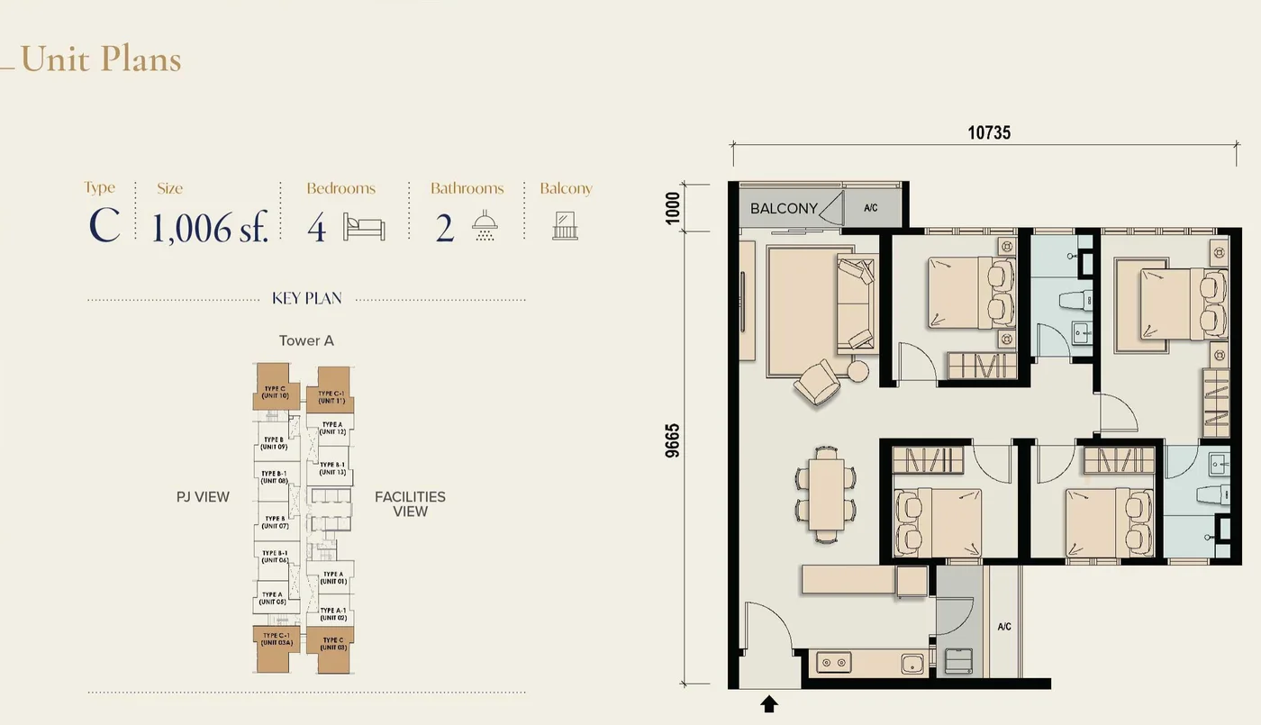 M Aspira Taman Desa Type C floor plan — 1,006 sq ft, 4 bedrooms