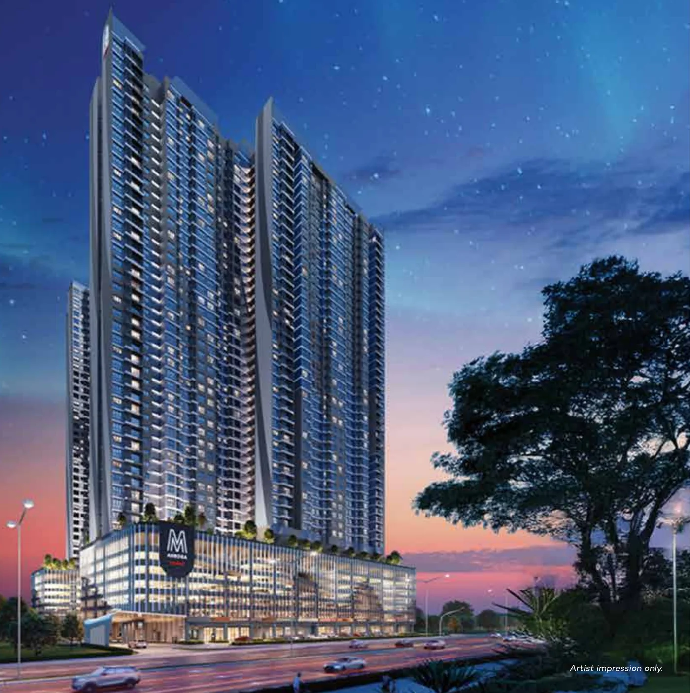 Artist's impression of the two 46-storey M Aurora towers at dusk beside Old Klang Road, Kuala Lumpur