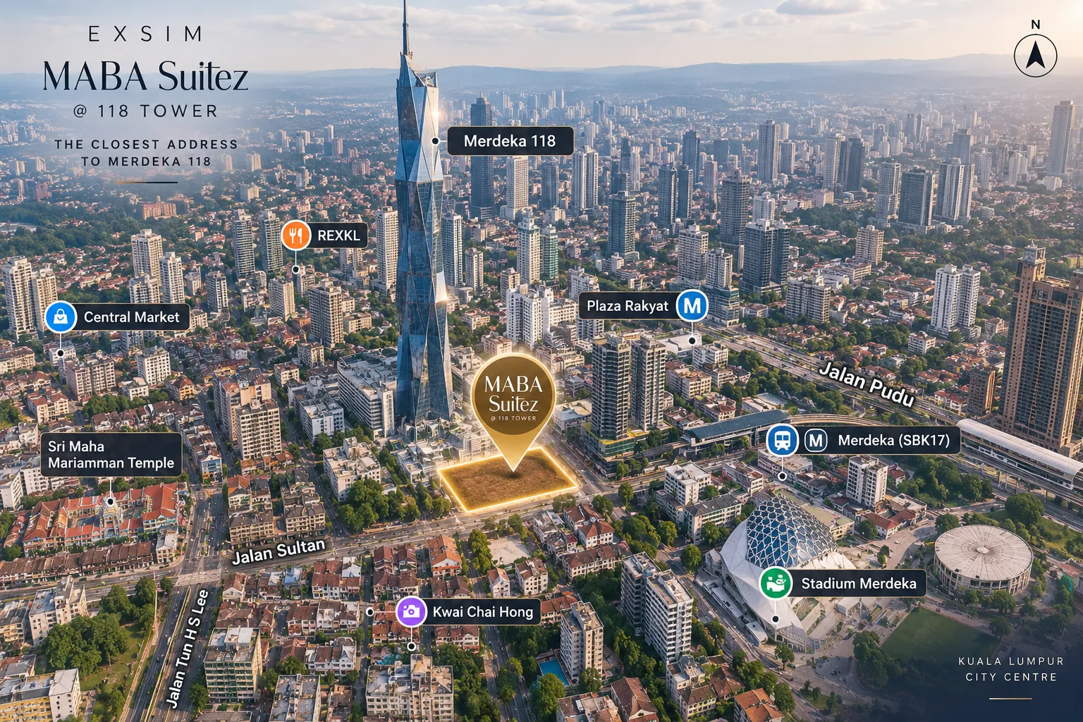 Aerial view of the MABA Suitez site beside Merdeka 118 in Kuala Lumpur, artist's impression