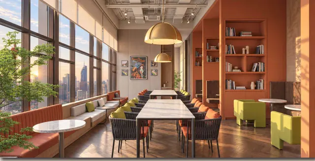 MABA Suitez Coworking Lounge with long work tables, artist's impression
