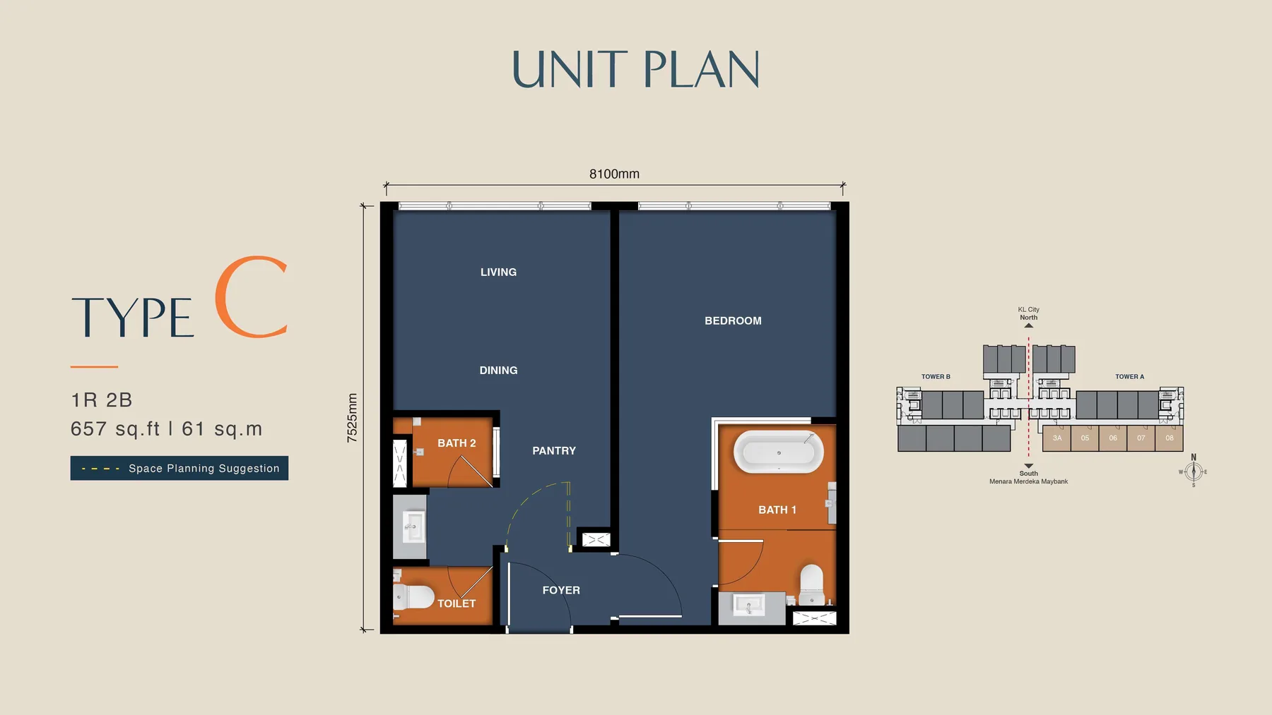 MABA Suitez Type C floor plan, 657 sq ft dual key