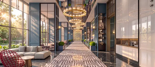 MABA Suitez grand lobby with chandeliers and patterned marble floor, artist's impression