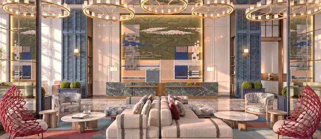 MABA Suitez lobby lounge with double-height ceiling and chandeliers, artist's impression