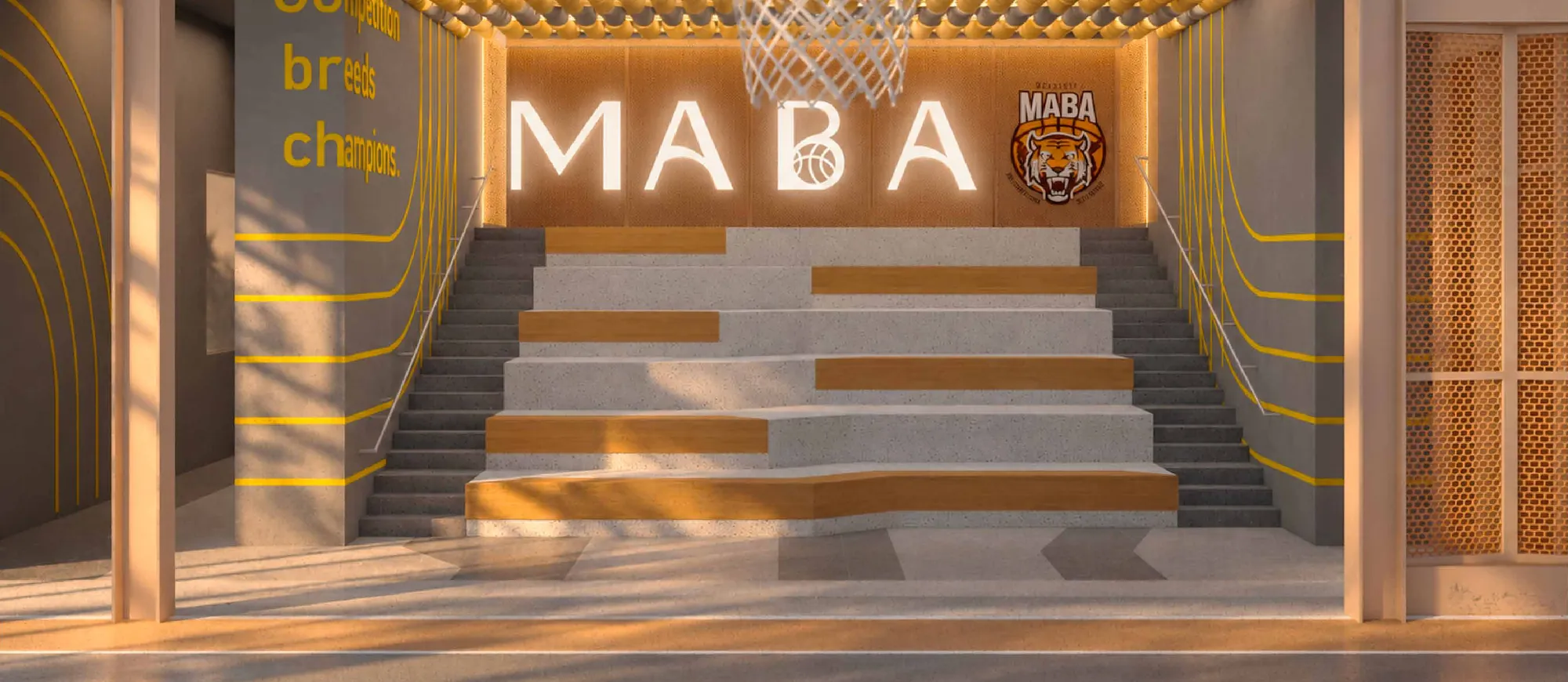 MABA Court entrance with tiered seating and the MABA logo, artist's impression