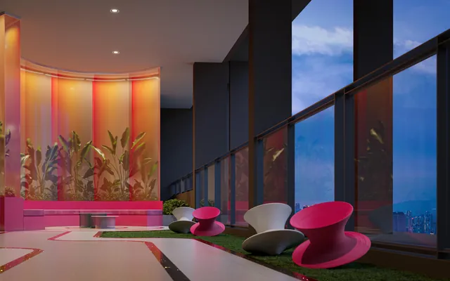 MABA Suitez Chaise Lounge with curved pink seating and city views, artist's impression