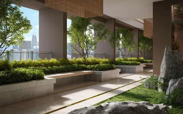 MABA Suitez Wisteria Garden with planters, rock garden and KL skyline view, artist's impression