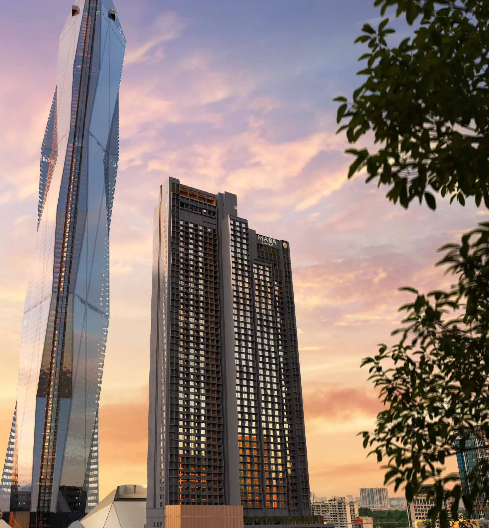 MABA Suitez tower beside Merdeka 118 at sunset, Kuala Lumpur, artist's impression