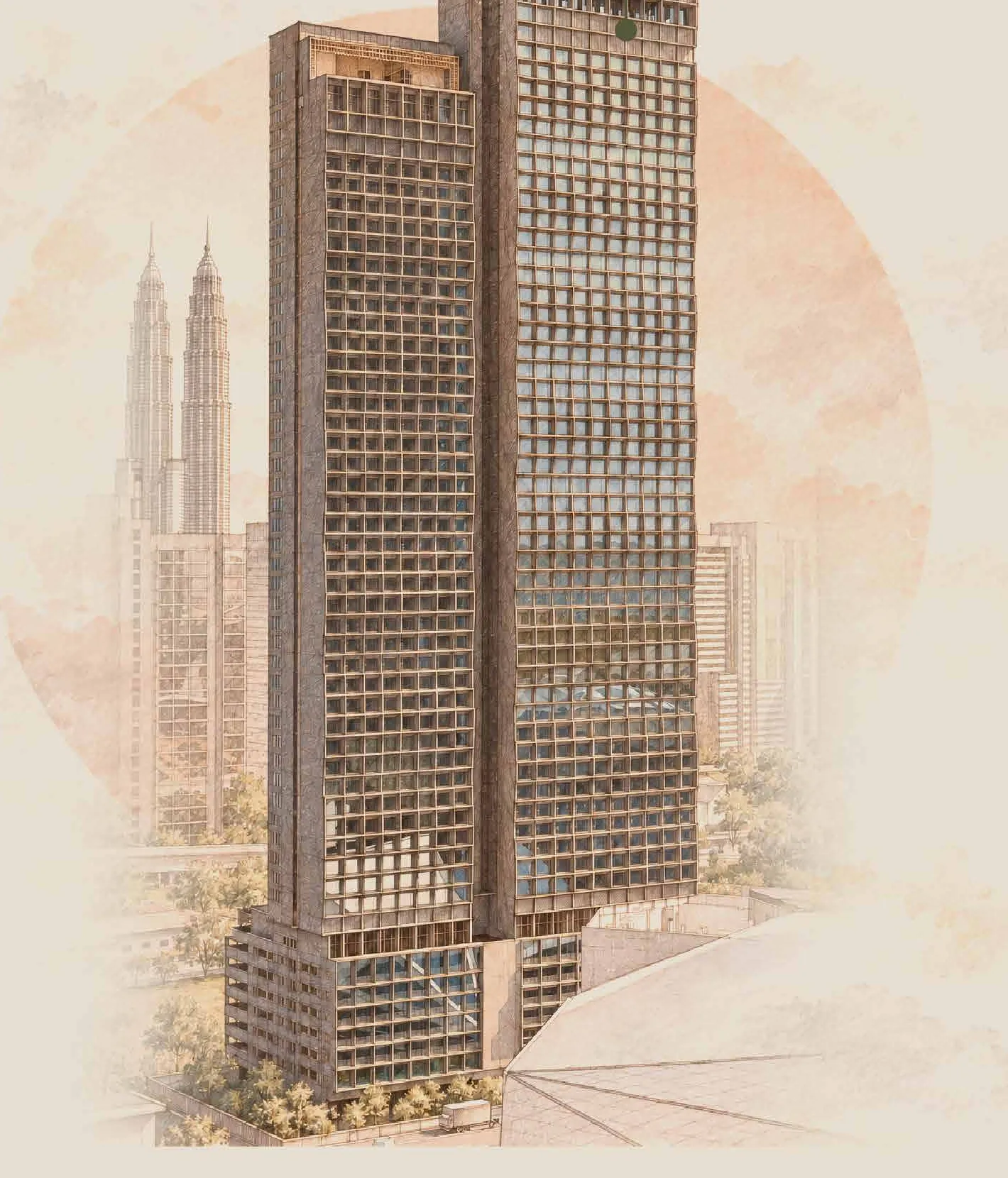 MABA Suitez Tower A (54 storeys) and Tower B (50 storeys) with the Petronas Twin Towers behind, developer illustration
