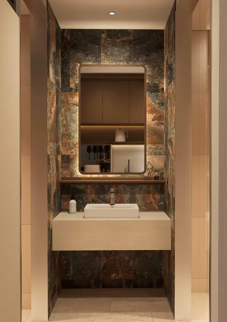 MABA Suitez Type A bathroom vanity with stone-effect tiles in Walnut Elegance, artist's impression