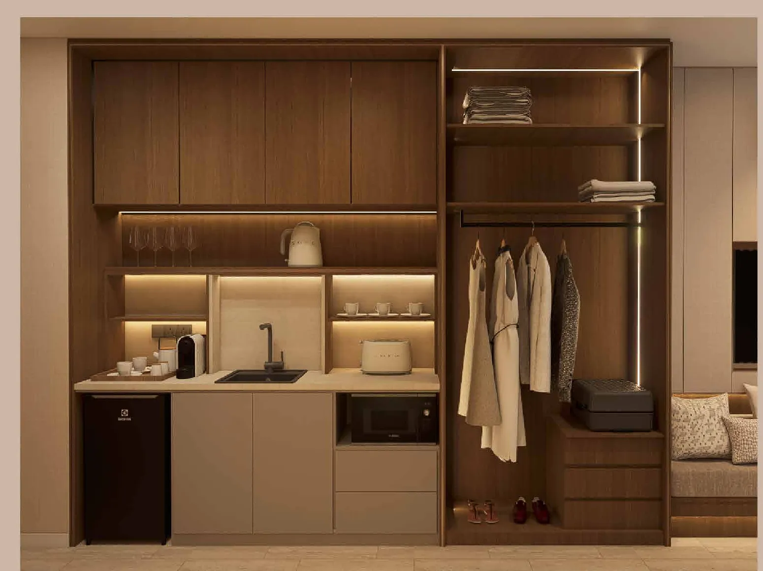 MABA Suitez Type A pantry and wardrobe in the Walnut Elegance furnished concept, artist's impression