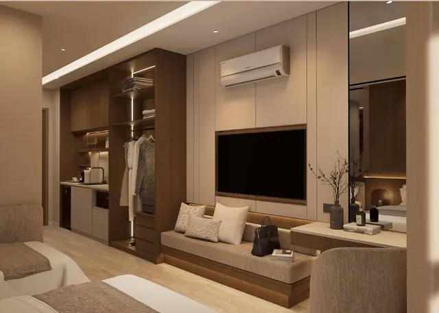 MABA Suitez Type A 323 sq ft office suite living area, fully furnished Mana Mana Walnut Elegance concept, artist's impression