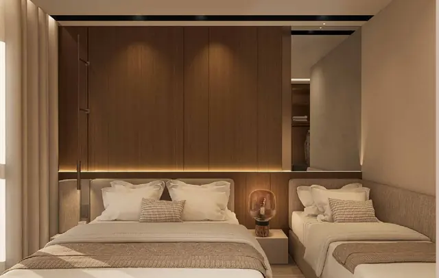 MABA Suitez Type A twin-bed room in the Walnut Elegance concept by Mana Mana Hospitality, artist's impression