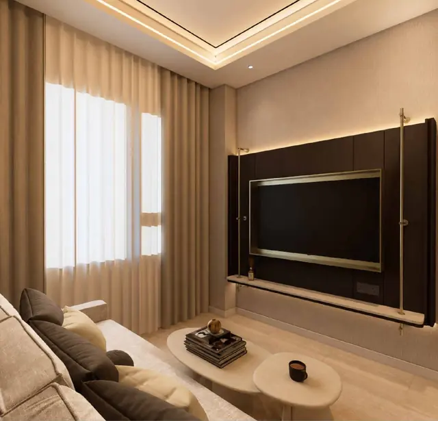 MABA Suitez Type B living area with TV wall in Ivory Serenity, artist's impression