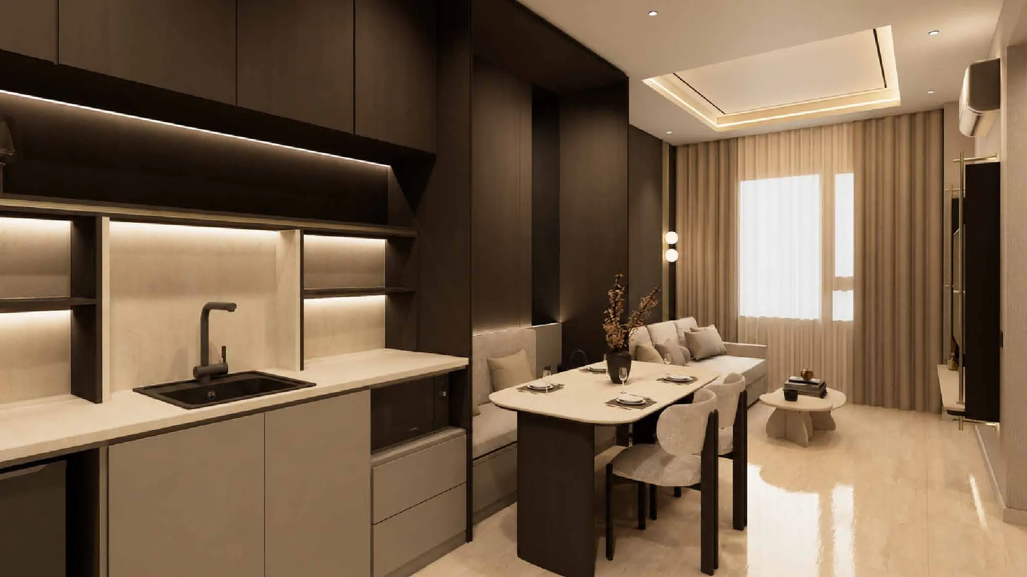 MABA Suitez Type B pantry and dining area in the Ivory Serenity furnished concept, artist's impression