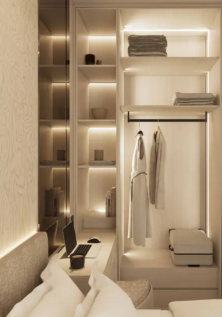 MABA Suitez Type B wardrobe and study desk beside the bed in Ivory Serenity, artist's impression