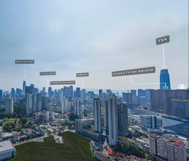 View from the MABA Suitez site across Kuala Lumpur toward the Petronas Twin Towers, Berjaya Times Square and TRX