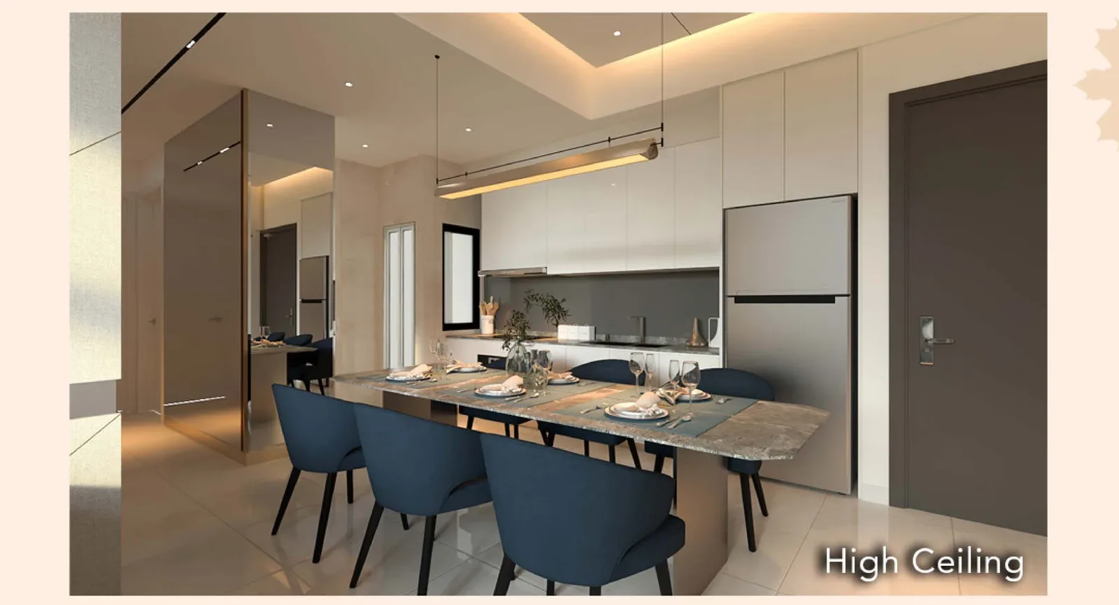 The Maple Residences dining and kitchen with high ceiling, artist's impression