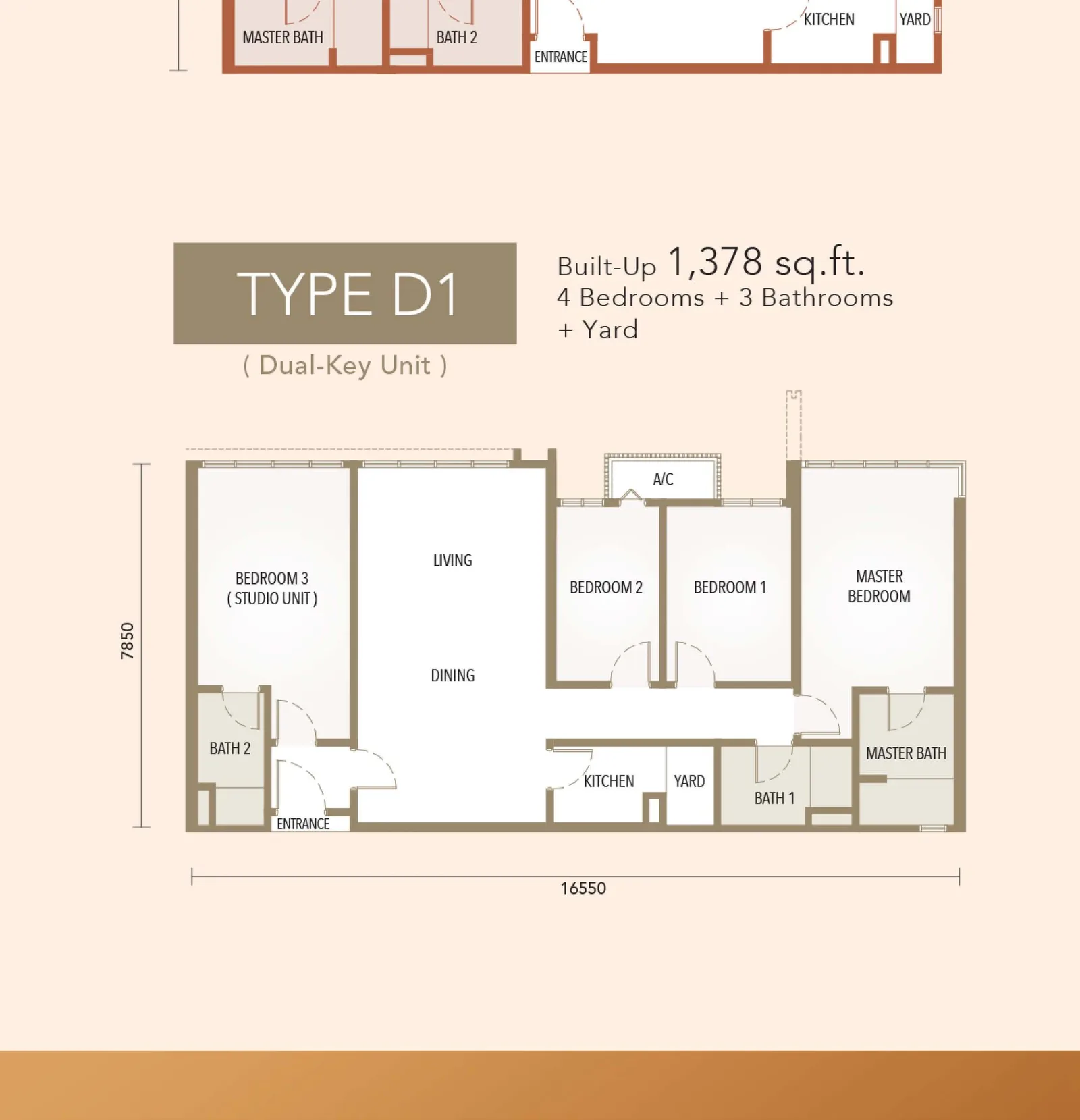 The Maple Residences Type D1 floor plan — 1,378 sq ft, dual-key
