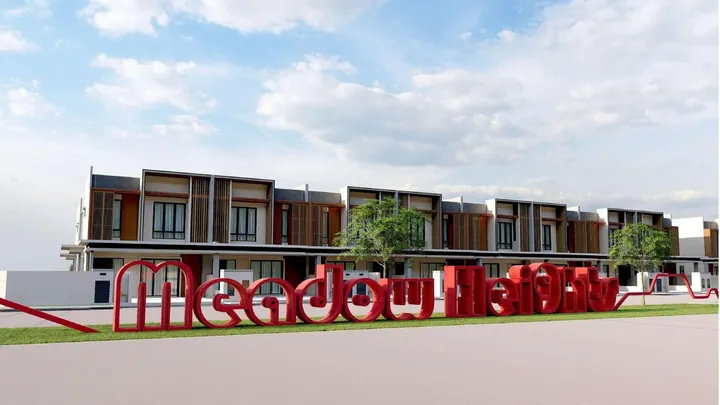 Red Meadow Heights entrance signage in front of a row of double-storey terrace houses, artist's impression