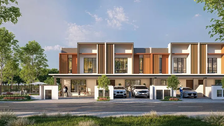 Row of double-storey terrace houses with timber fins and car porches at Meadow Heights in Bandar Tiram, Ulu Tiram, Johor, artist's impression