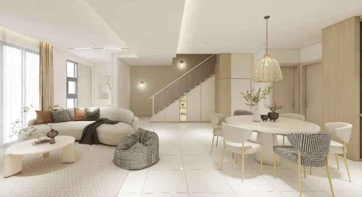Living and dining area with a staircase and a pendant lamp in a Meadow Heights house, artist's impression