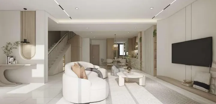 Living room with a curved sofa and a wall-mounted TV in a Meadow Heights house, artist's impression