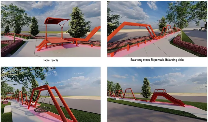 Artist's impression of the landscaped trail with a table tennis table, balancing steps, a rope walk and balancing disks at Meadow Heights