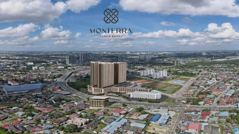 Monterra @ Solaris Tebrau aerial view over Johor Bahru showing the three-block high-rise, artist's impression