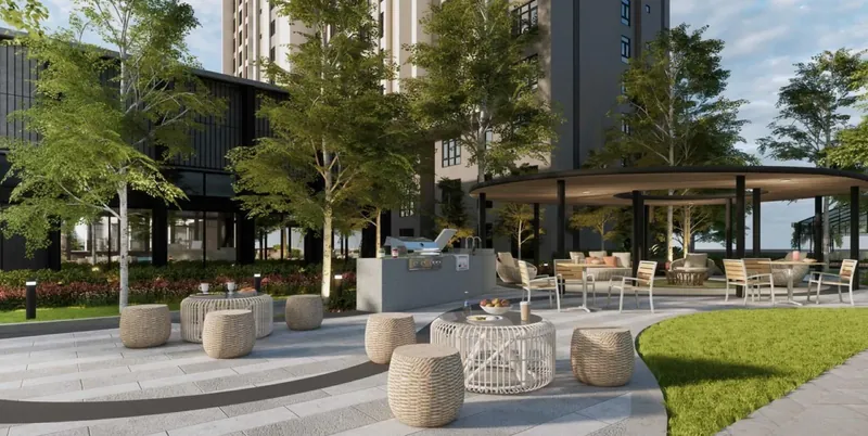 Monterra BBQ deck with outdoor kitchen and dining area, artist's impression