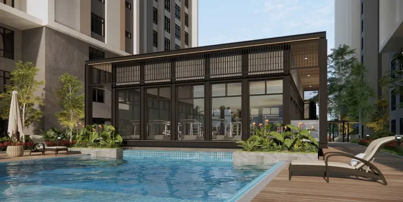 Monterra floating gym beside the pool, artist's impression
