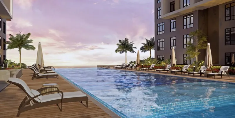 Monterra infinity pool on the Level 12 facilities floor at sunset, artist's impression