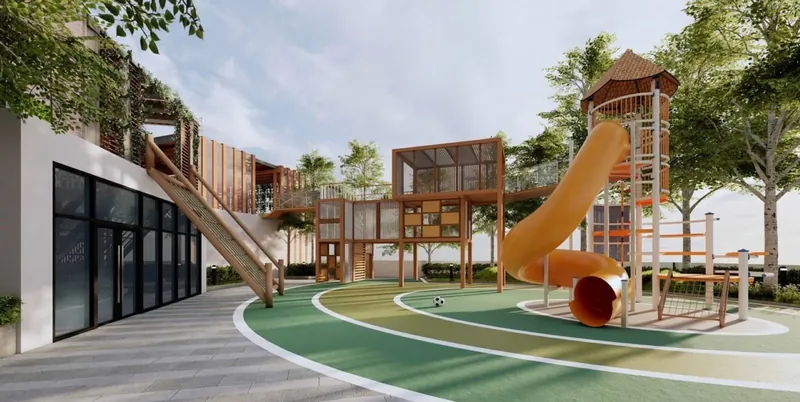 Monterra multi-level playground with a spiral slide, artist's impression