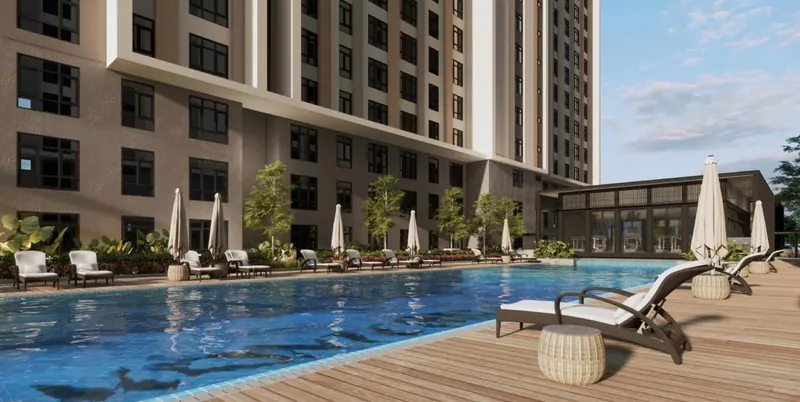 Monterra pool deck with sun loungers beside the tower podium, artist's impression